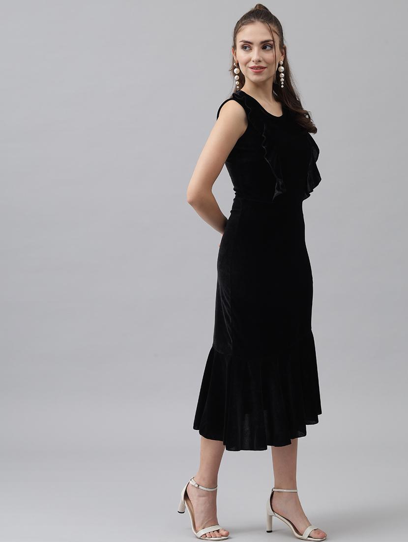 women solid sleeveless velvet tiered dress - 22019313 - Standard Image - 2