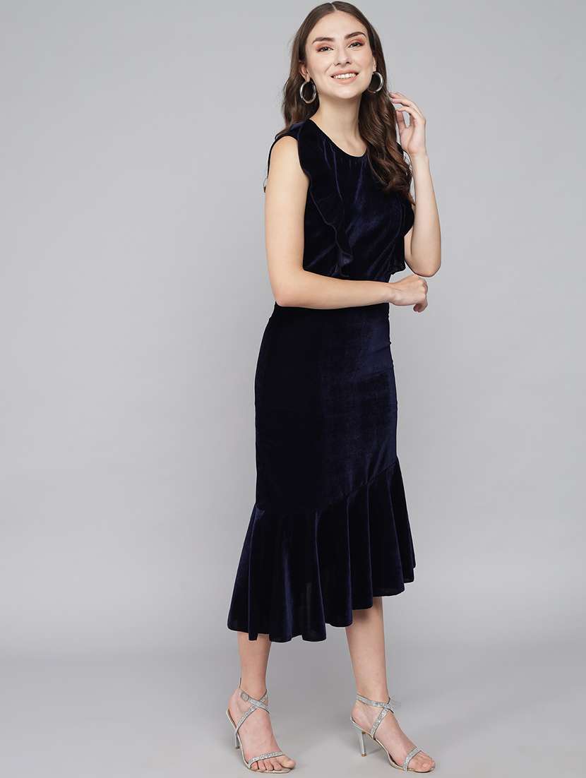 women solid sleeveless velvet tiered dress - 22019315 -  Standard Image - 2