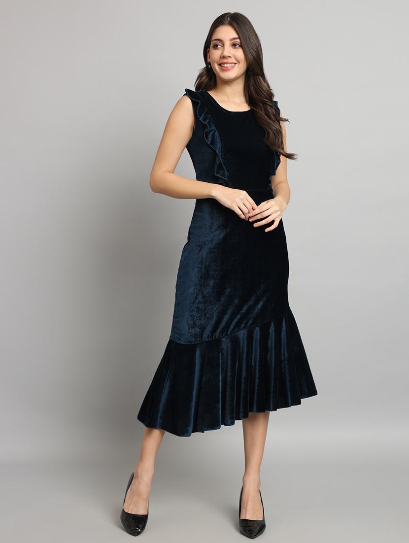 women solid sleeveless velvet tiered dress - 22019316 -  Zoom Image - 0