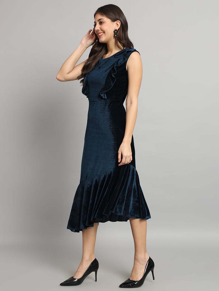 women solid sleeveless velvet tiered dress - 22019316 - Standard Image - 2
