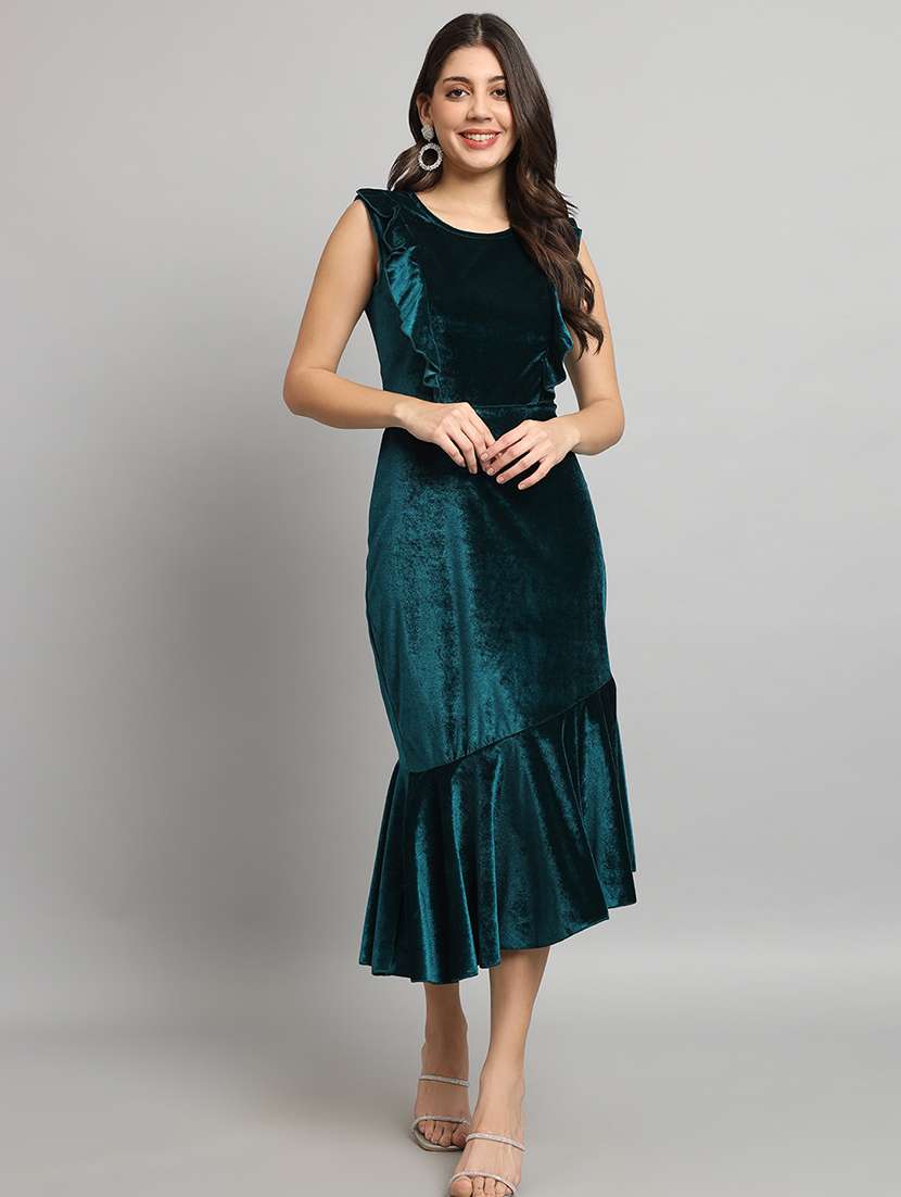 women solid sleeveless velvet tiered dress - 22019317 -  Standard Image - 2