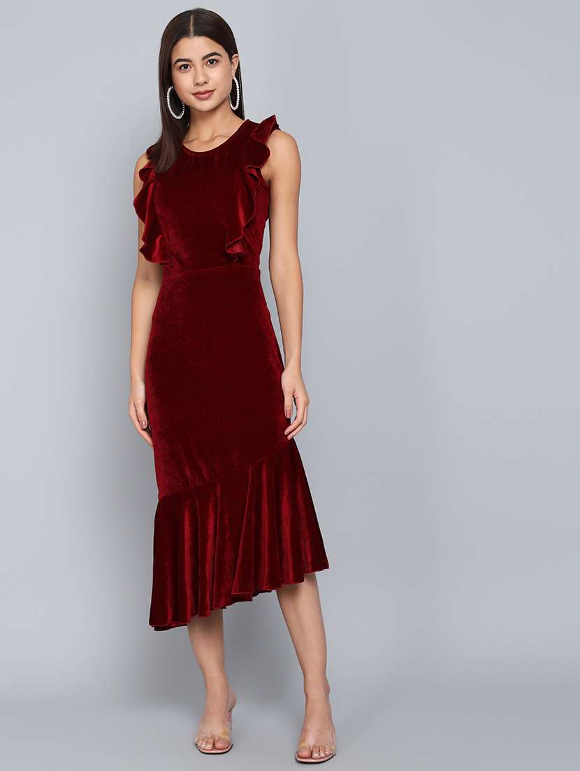 women solid sleeveless velvet tiered dress - 22019318 -  Standard Image - 2