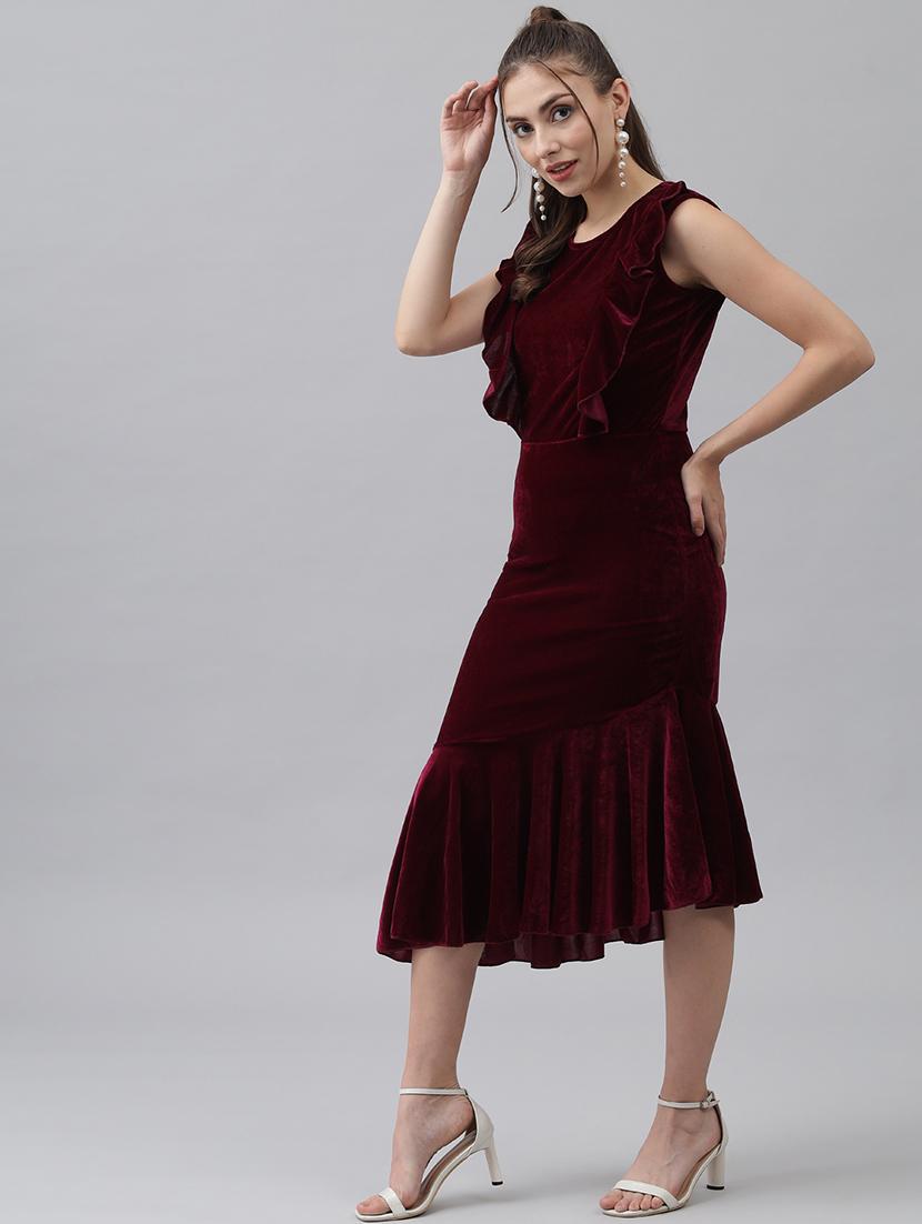 women solid sleeveless velvet tiered dress - 22019319 - Standard Image - 2