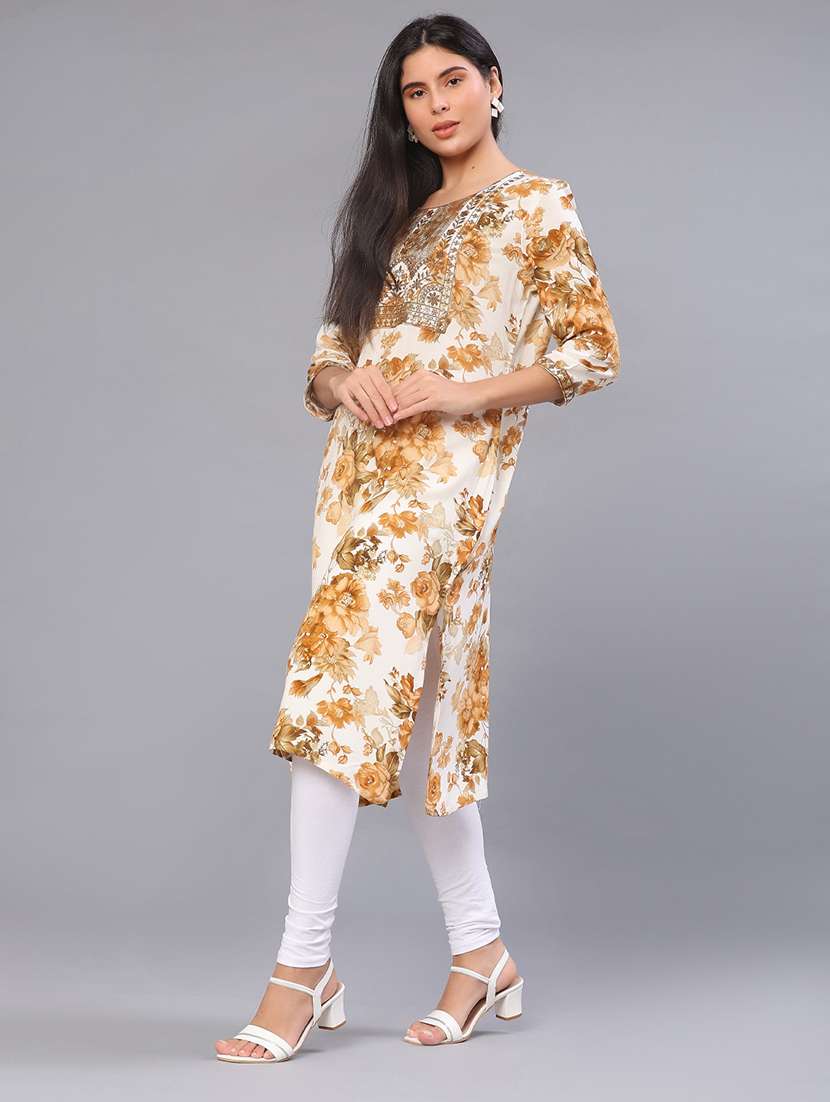 women three quarter sleeve straight kurta - 22019526 -  Standard Image - 2