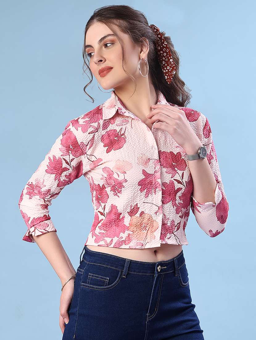 women printed collared three quarter sleeve crop shirt