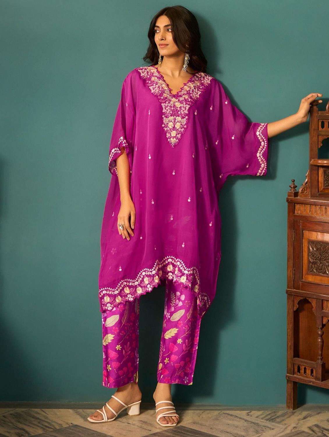 women solid with work kimono sleeve kaftan kurta pant set