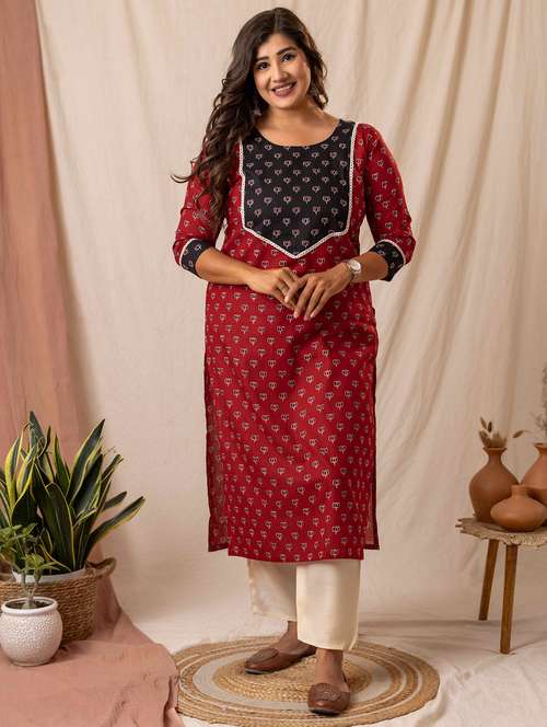 women printed three quarter sleeve straight kurta - 22019996 -  Standard Image - 0