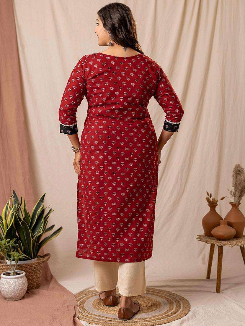 women printed three quarter sleeve straight kurta - 22019996 -  Standard Image - 2