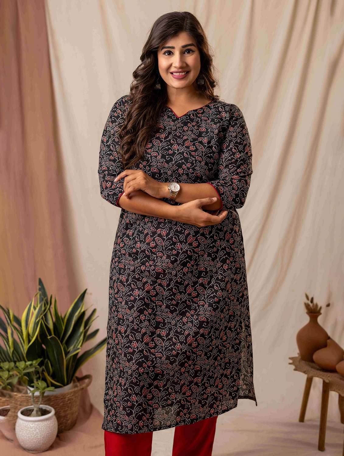 women printed three quarter sleeve straight kurta