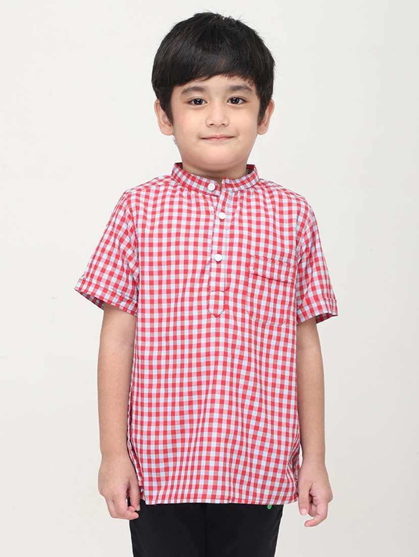 boys checkered mandarin collared short kurta