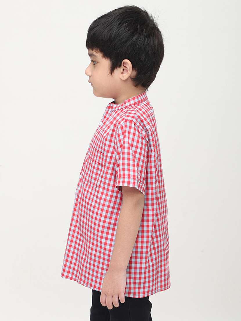 boys checkered mandarin collared short kurta - 22020021 -  Standard Image - 2