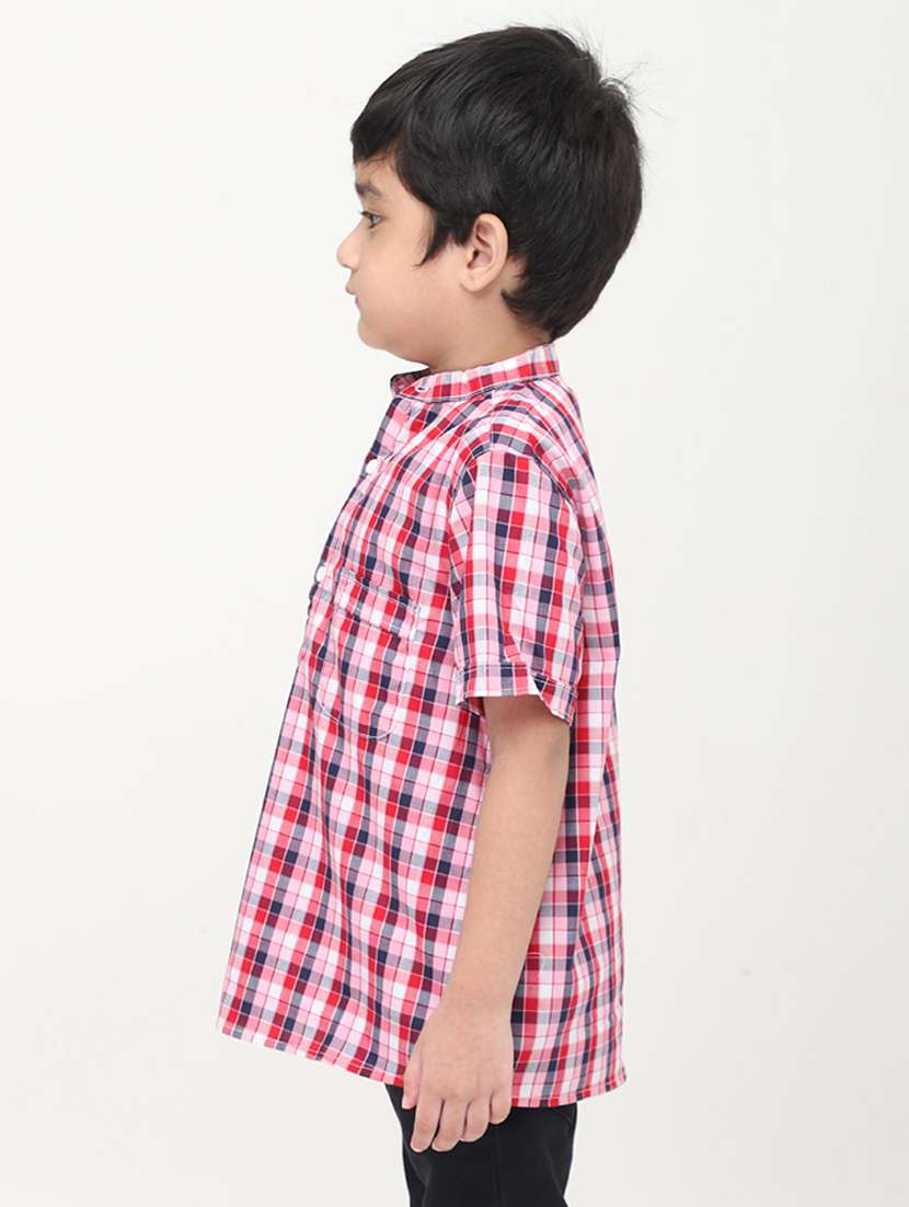 boys checkered mandarin collared short kurta - 22020024 -  Standard Image - 2