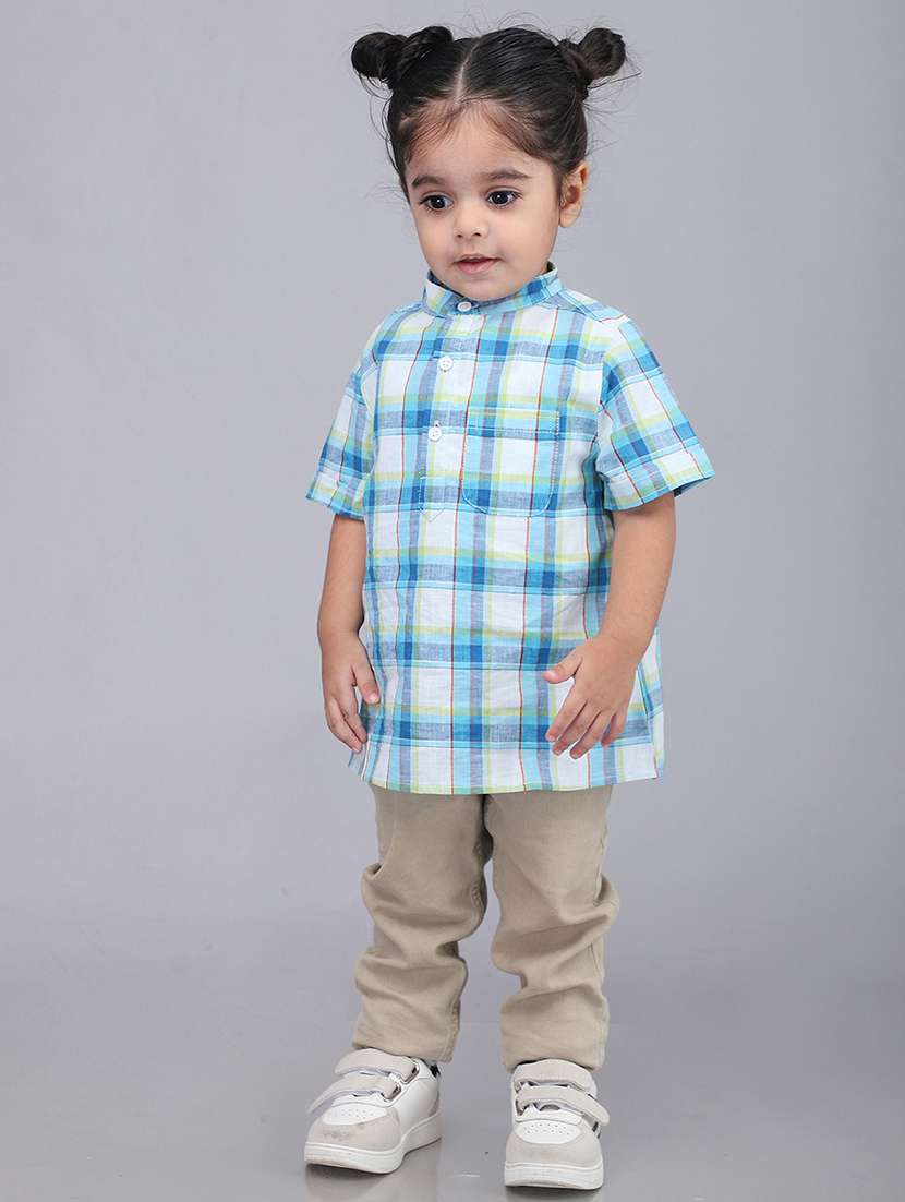 boys checkered mandarin collared short kurta - 22020025 -  Standard Image - 2