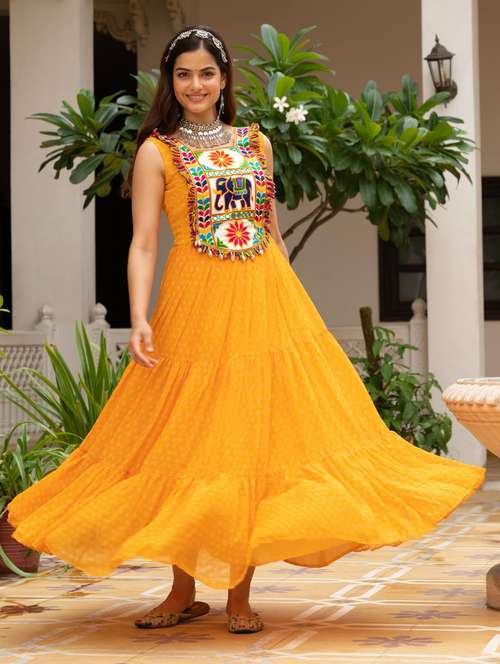 yellow georgette fit & flare ethnic dress - 22020032 -  Standard Image - 0