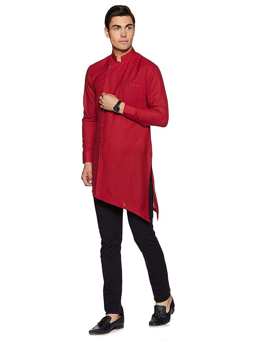 men solid long sleeve asymmetric kurta - 22020046 - Standard Image - 2