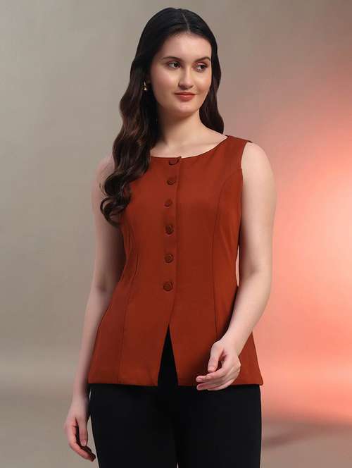 women rust solid sleeveless top - 22020385 - Standard Image - 0