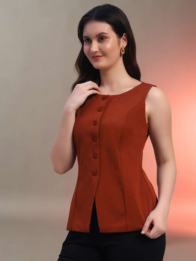 women rust solid sleeveless top - 22020385 - Standard Image - 2
