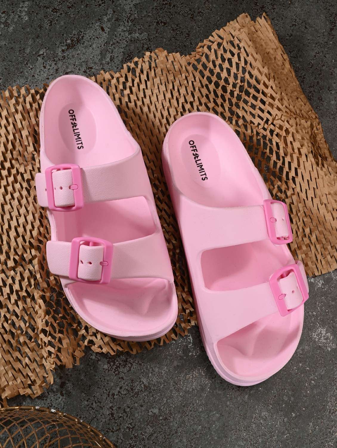 women pink solid slip on slides 