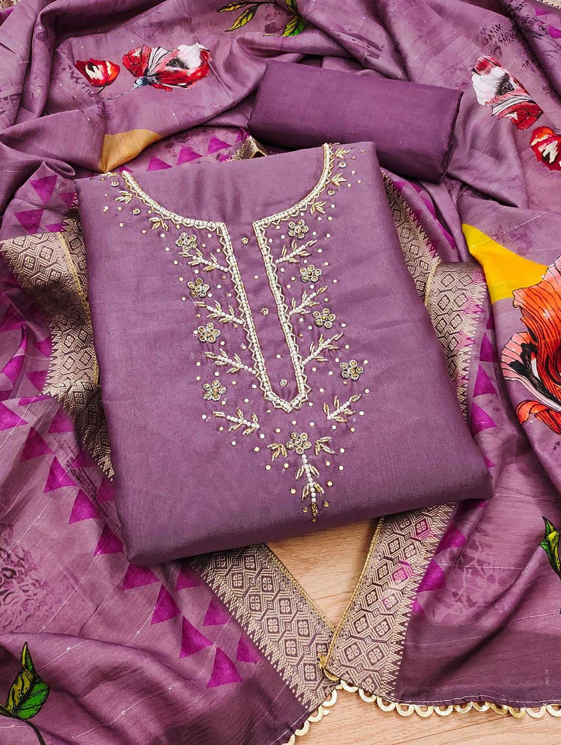 women solid with work embroidered unstitched suit set - 22020743 -  Zoom Image - 0
