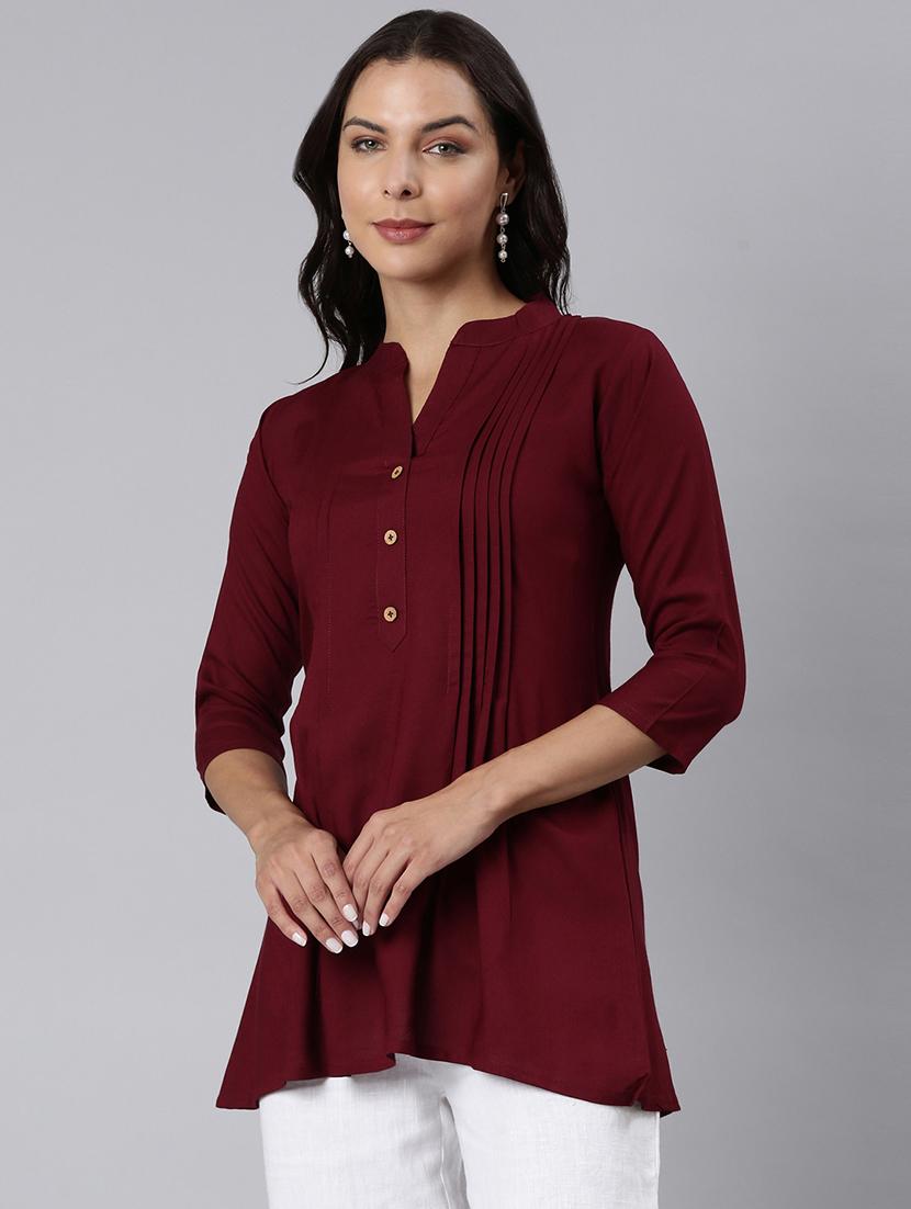 women solid three quarter sleeve a-line tunic - 22020899 - Standard Image - 2