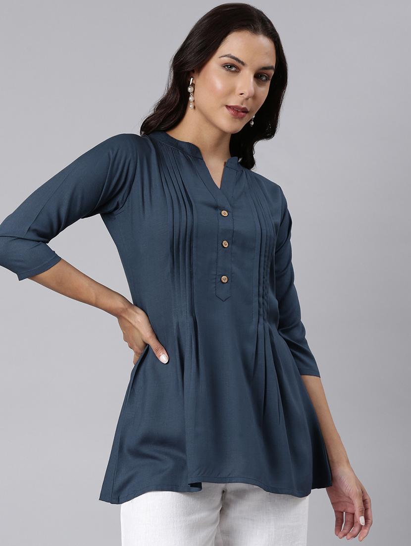 women solid three quarter sleeve a-line tunic - 22020900 - Standard Image - 2