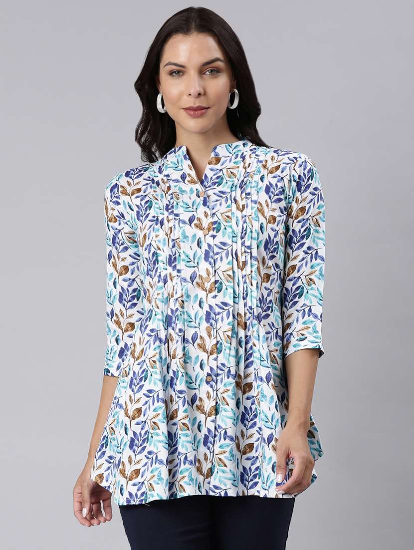 women printed mandarin collar a-line tunic