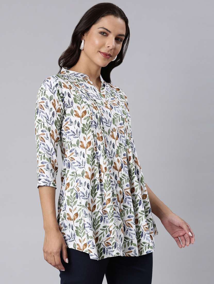 women printed mandarin collar a-line tunic - 22020904 -  Standard Image - 2