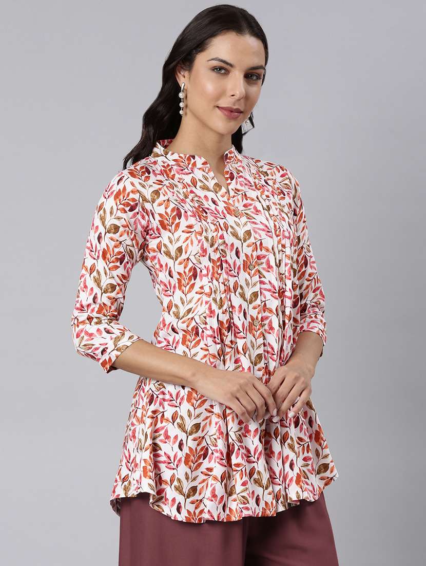 women printed mandarin collar a-line tunic - 22020906 -  Standard Image - 2
