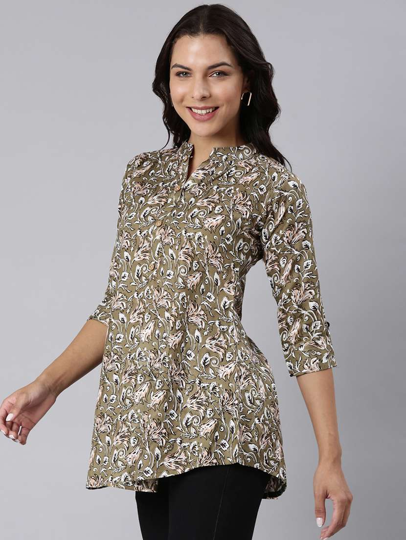 women printed mandarin collar half button down a-line tunic - 22020908 -  Standard Image - 2