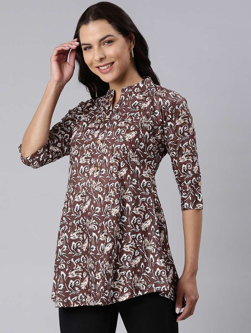 women printed mandarin collar half button down a-line tunic - 22020909 -  Standard Image - 2
