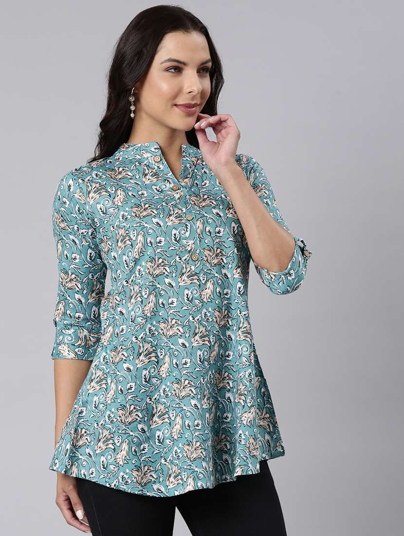 women printed mandarin collar half button down a-line tunic - 22020910 -  Standard Image - 2