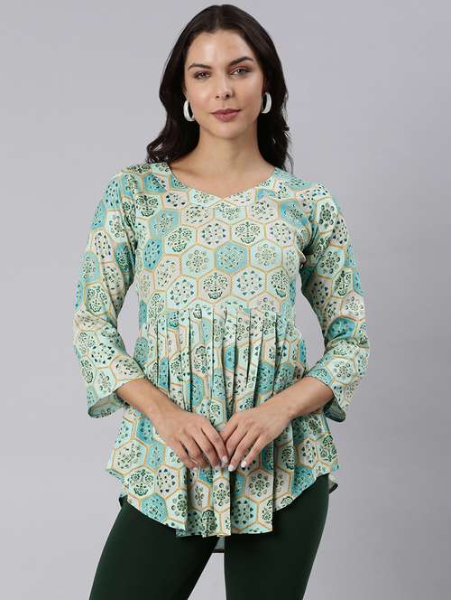 women printed three quarter sleeve asymmetric tunic - 22020915 - Standard Image - 0