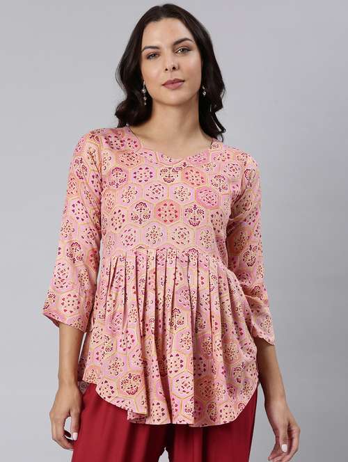 women printed three quarter sleeve asymmetric tunic - 22020916 -  Standard Image - 0