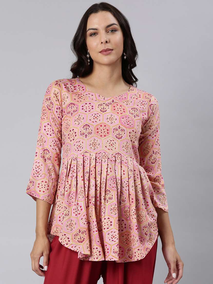 women printed three quarter sleeve asymmetric tunic - 22020916 -  Zoom Image - 0
