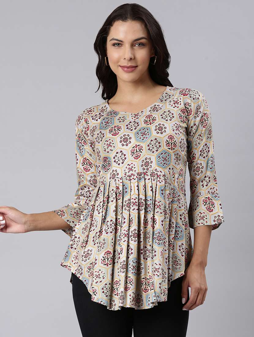 women printed three quarter sleeve asymmetric tunic