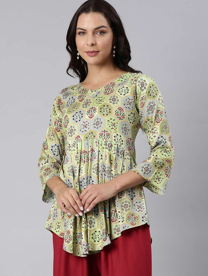 women printed three quarter sleeve asymmetric tunic - 22020918 -  Standard Image - 2