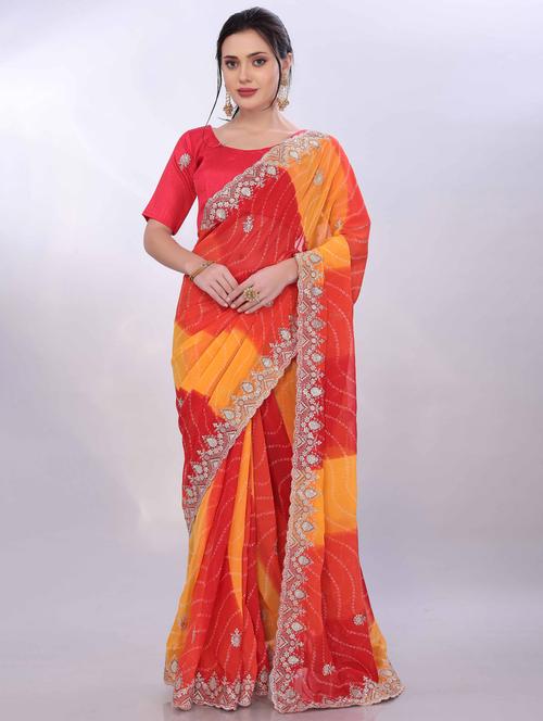 women bandhani printed saree with blouse - 22021296 -  Standard Image - 0