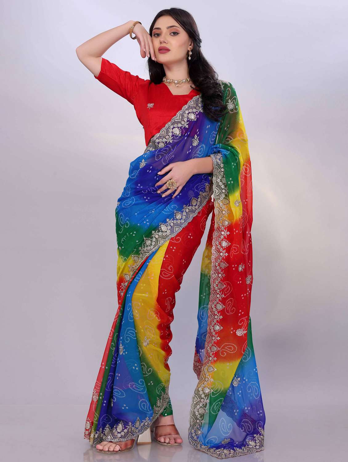 women bandhani printed saree with blouse