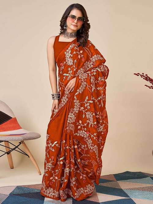 women solid with work embroidered saree with blouse - 22021319 -  Standard Image - 0