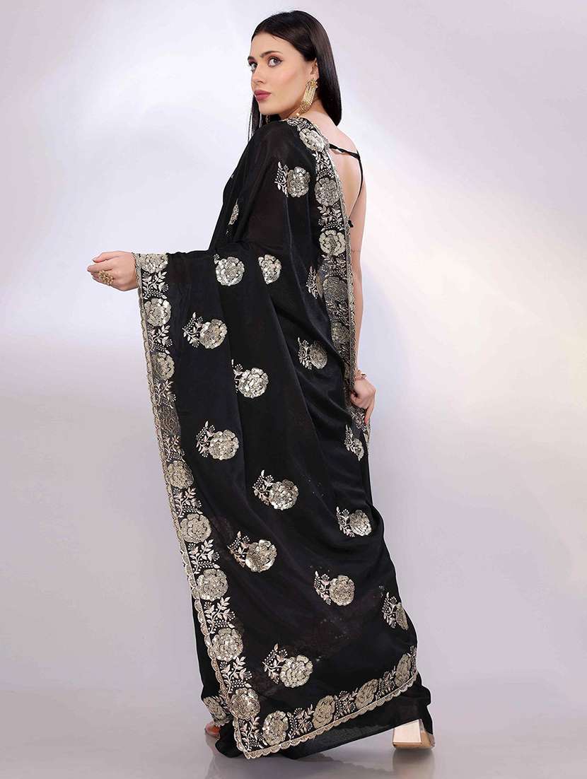 women black embroidered saree with blouse - 22021327 -  Standard Image - 2