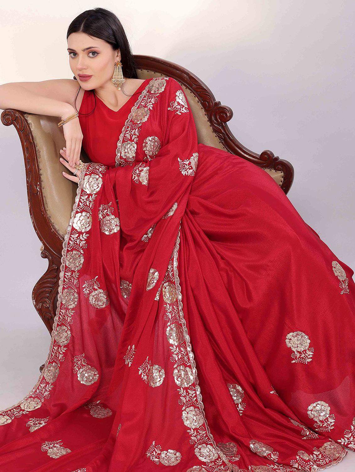 women red embroidered saree with blouse - 22021329 - Standard Image - 2