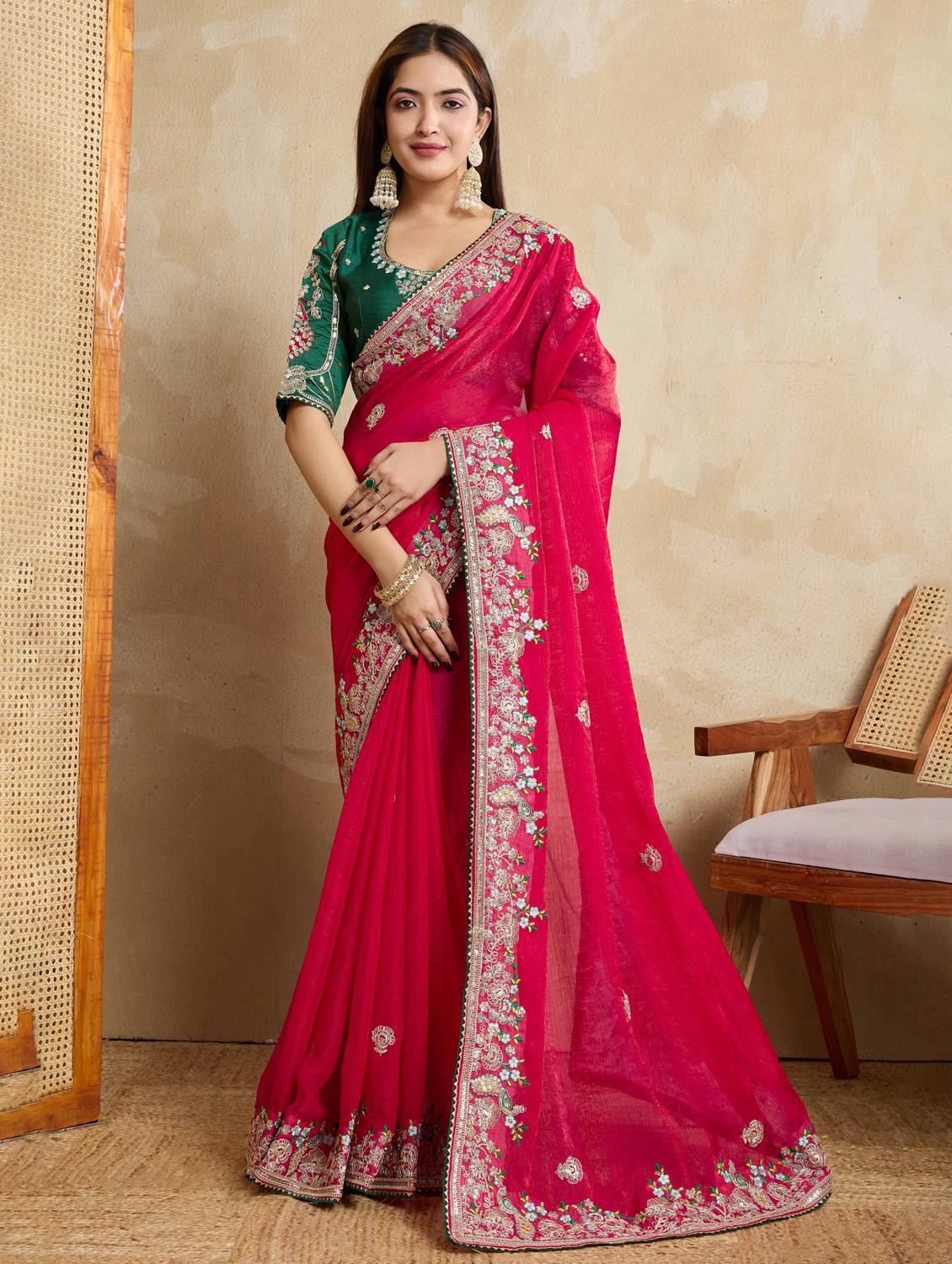 women solid with work embroidered saree with blouse - 22021332 -  Zoom Image - 0