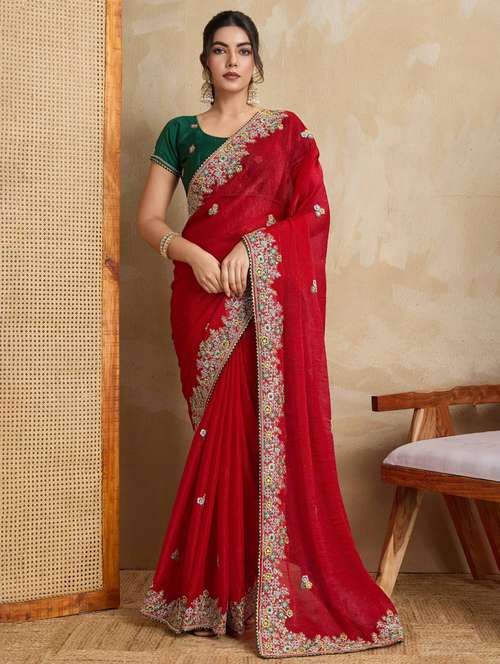 women solid with work embroidered saree with blouse - 22021333 -  Standard Image - 0