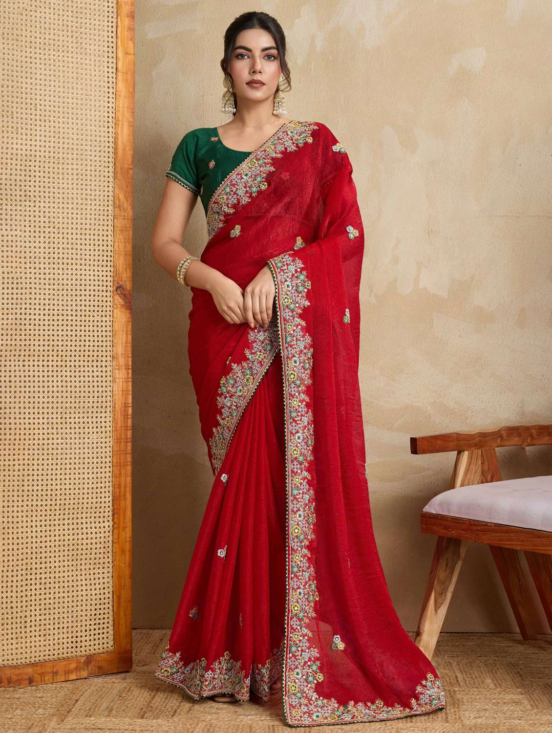 women solid with work embroidered saree with blouse