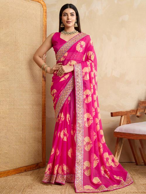 women tie & dye printed bordered saree with blouse - 22021336 -  Standard Image - 0