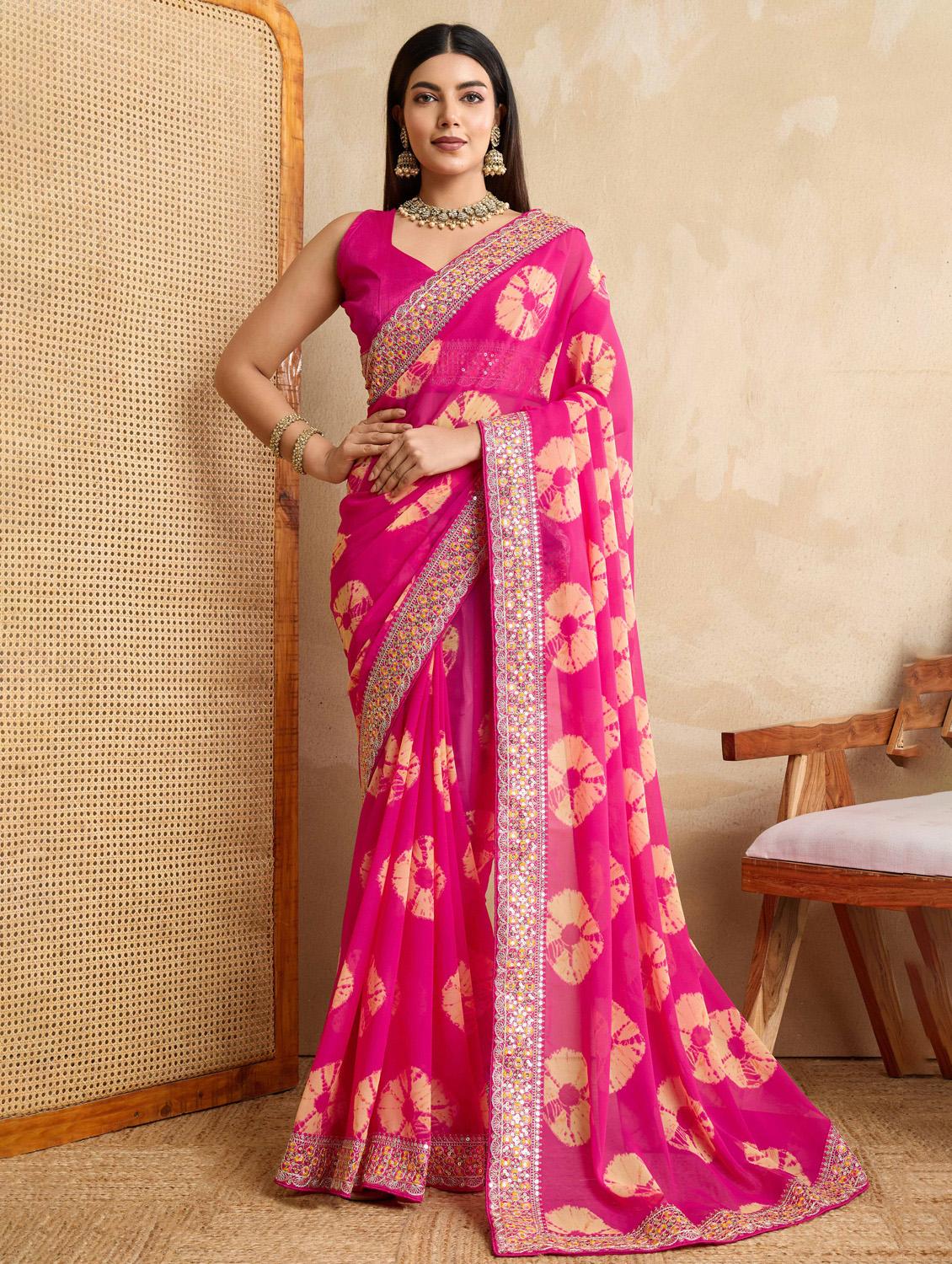 women tie & dye printed bordered saree with blouse - 22021336 -  Zoom Image - 0