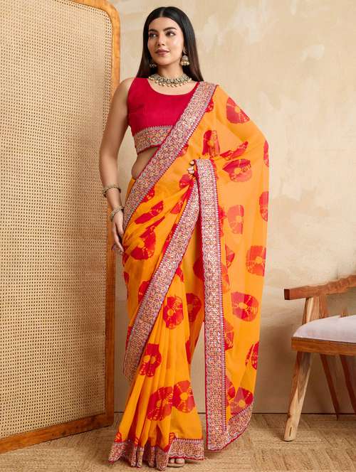 women tie & dye printed bordered saree with blouse - 22021337 -  Standard Image - 0