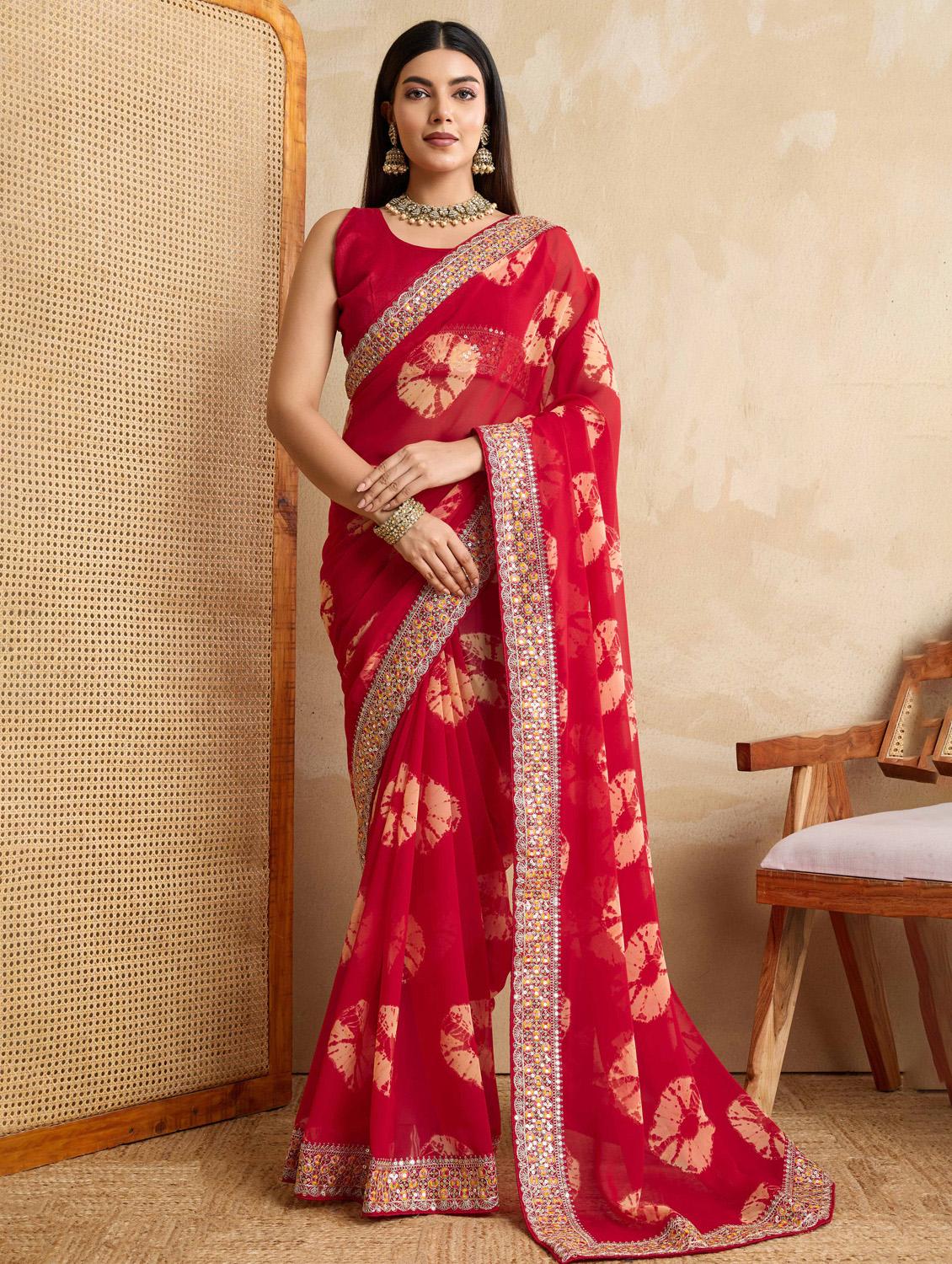 women tie & dye printed bordered saree with blouse - 22021338 - Zoom Image - 0