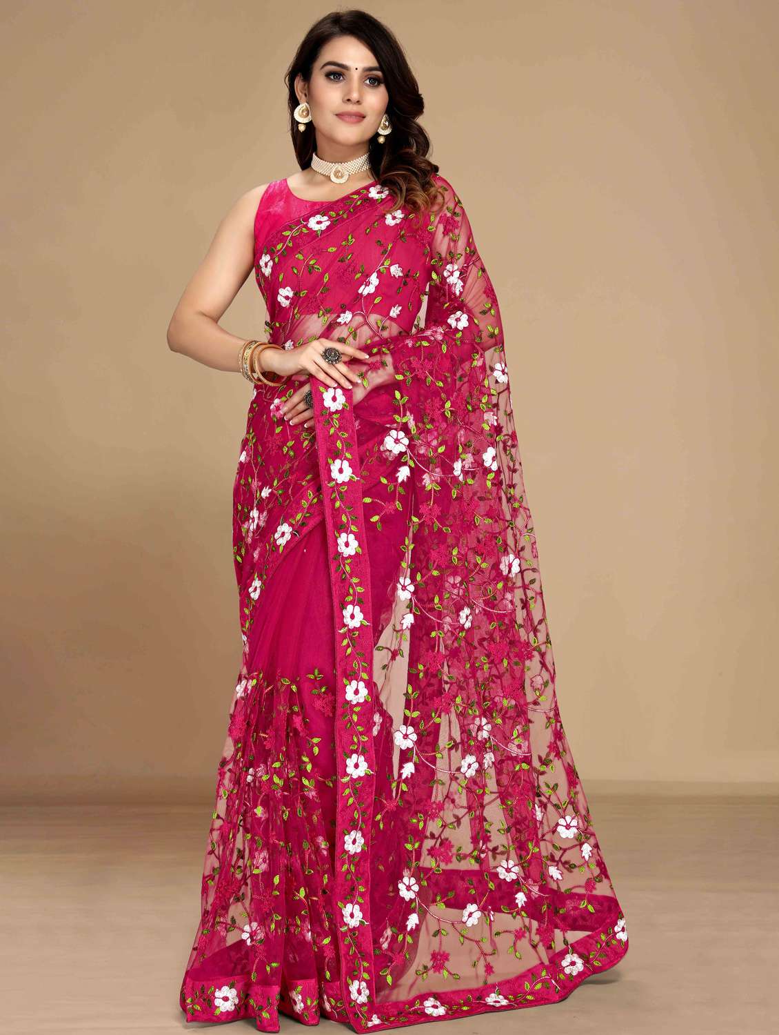 women floral embroidered saree with blouse
