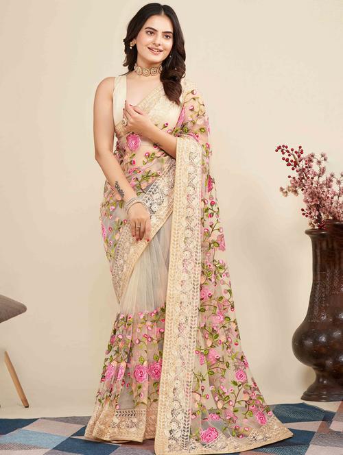 women floral embroidered saree with blouse - 22021357 - Standard Image - 0